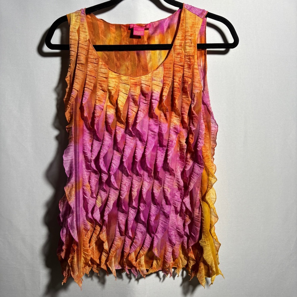 VTG Y2K Sunny Leigh Ruffle Front Tank Top Orange Pink Festival Party USA Made S